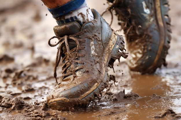 Photo a foot in a muddy running shoe