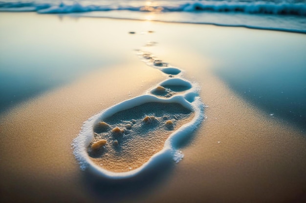 A foot print in the sand of a beach with the sun setting behind it.