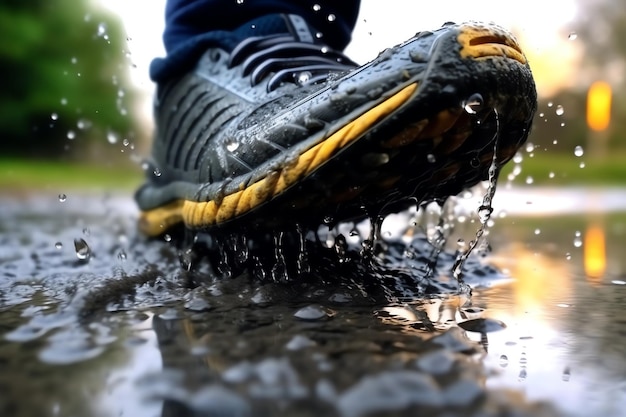 A foot splashing in a puddle on a rainy day run