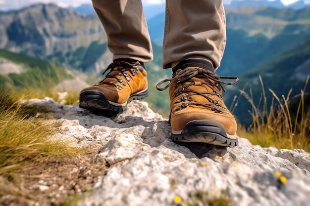 Foot wearing comfortable hiking boot scenic mountain wallpaper