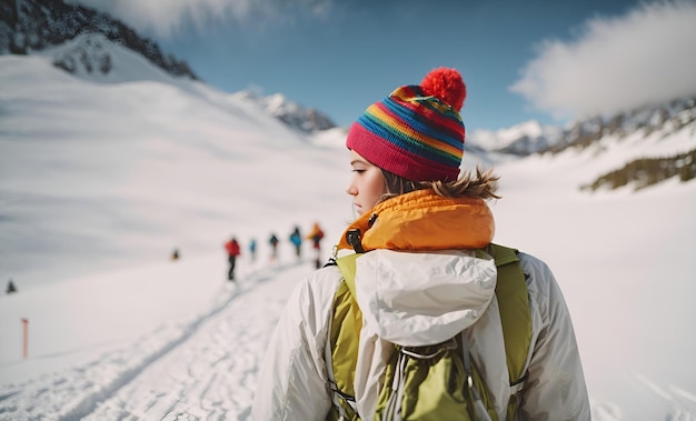 흰색 스키 의상과 밝고 화려한 모자를 쓴 젊은 등산객의 뒷모습을 담은 영상