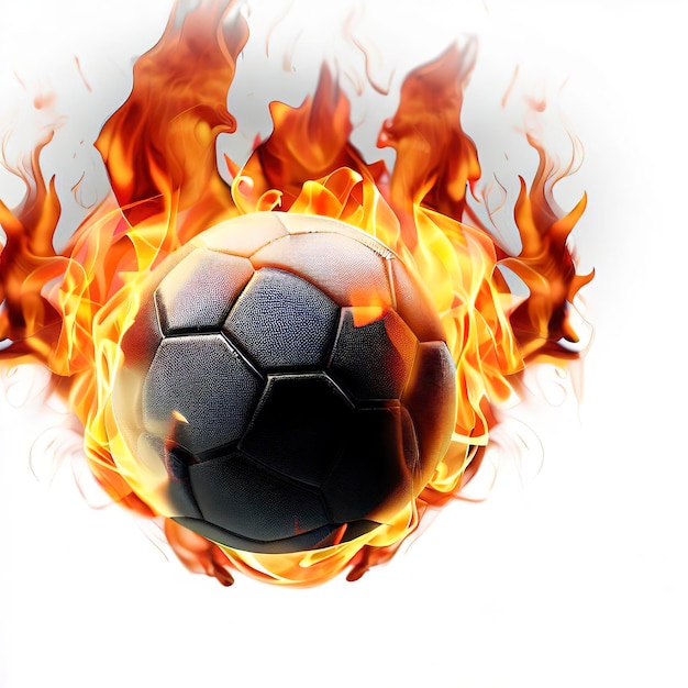Football ball flying in flames realistic on white background