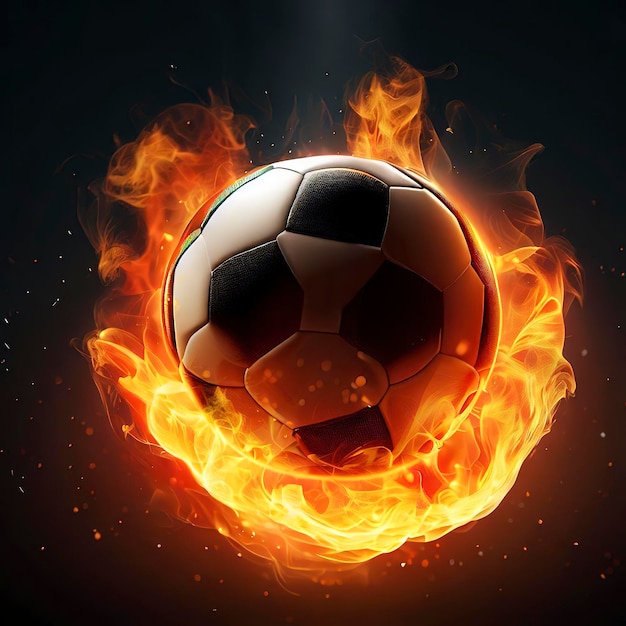 Photo football ball flying in flames realistic