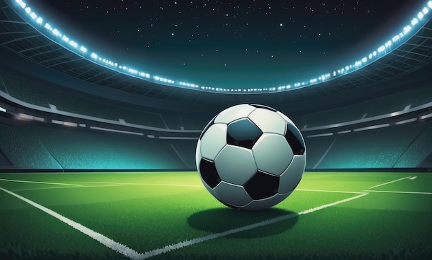 Футбольный мяч на траве футбольного поля освещает стадион ночью