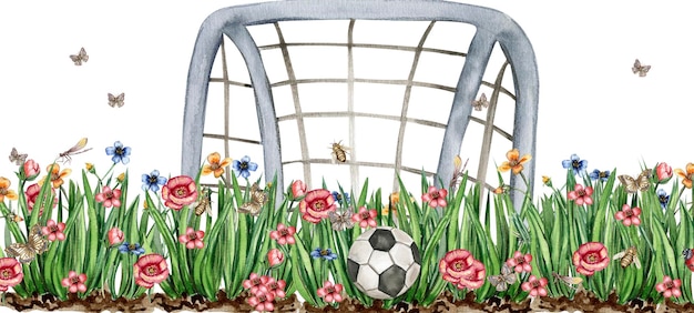 Football ball on the grass watercolor illustration