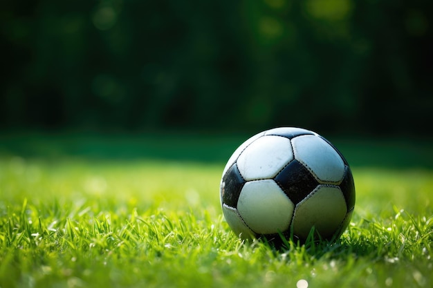 Football ball on the green grass of the stadium