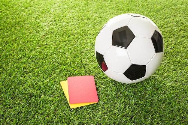 Football ball on a perfectly green grass.