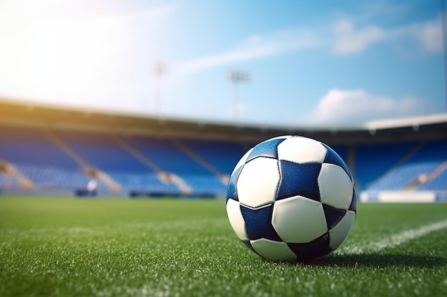 Football ball on sport field blue and white soccer ball on deserted field football sport leisure act