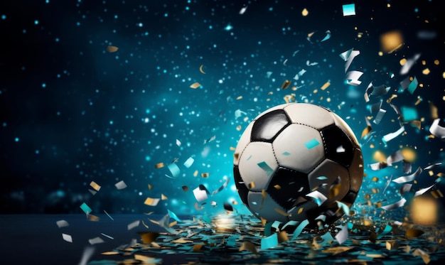 Football ball with celebration confetti and glitter winning team concept