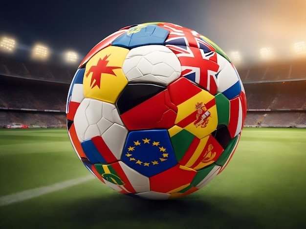サッカースタジアムのゴールのネットにヨーロッパ諸国の国旗が入ったサッカーボール