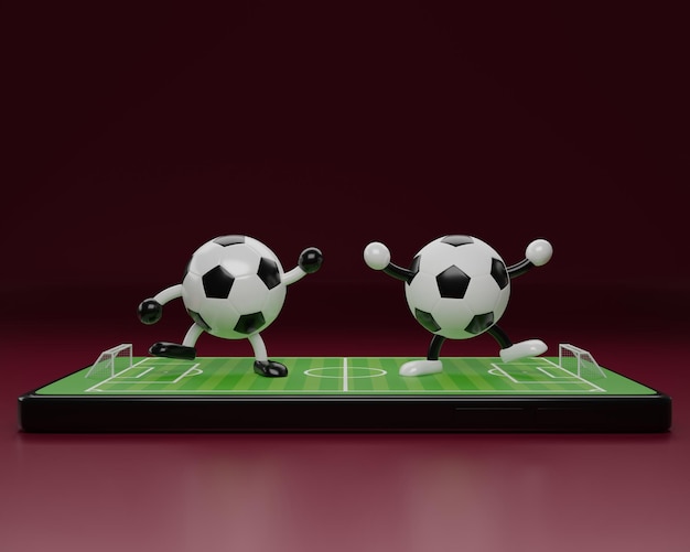 Football cartoon and soccer field model on mobile application isolated World cup 2022