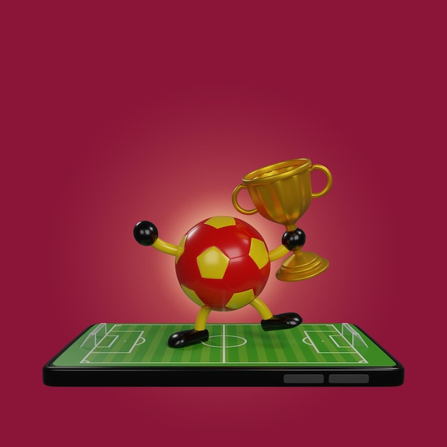 Футбольный мультфильм и модель футбольного поля на мобильном приложении изолированы ЧМ-2022