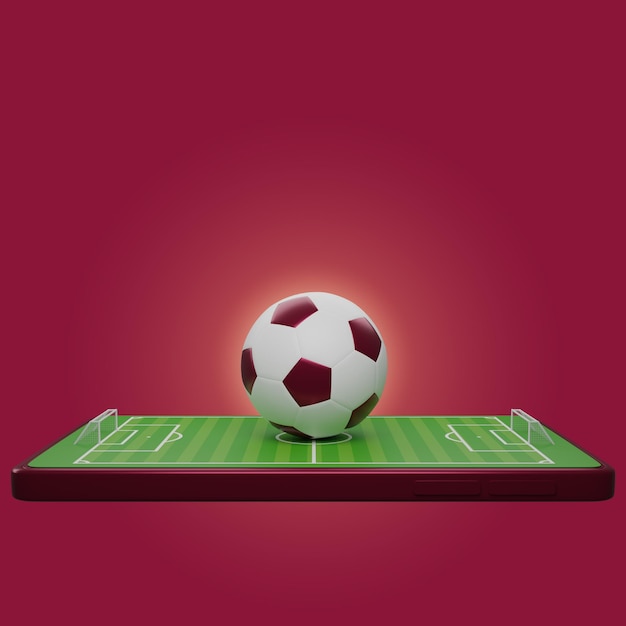 Football cartoon and soccer field model on mobile application isolated World cup 2022