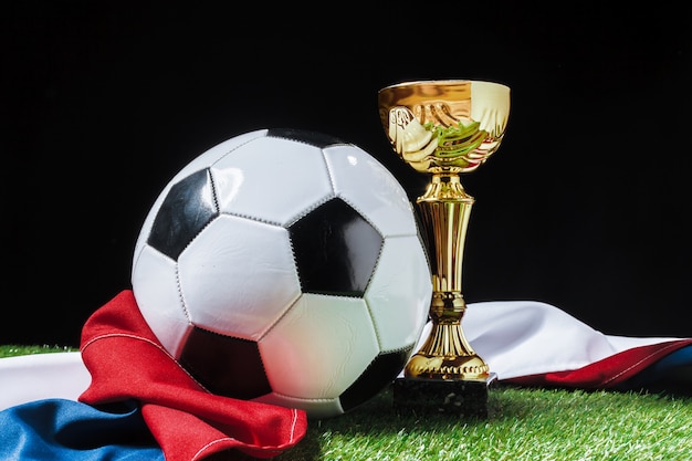Football cup with football ball on grass