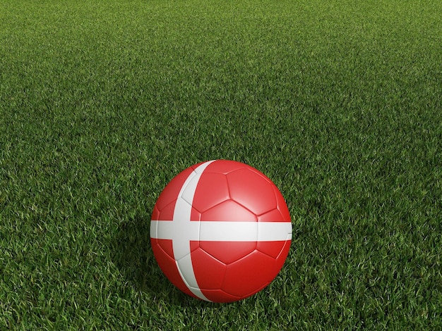 Football in Denmark flag on green grass 3d rendering