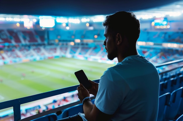 写真 football fan at stadium with smartphone 5g revolutionizes sports