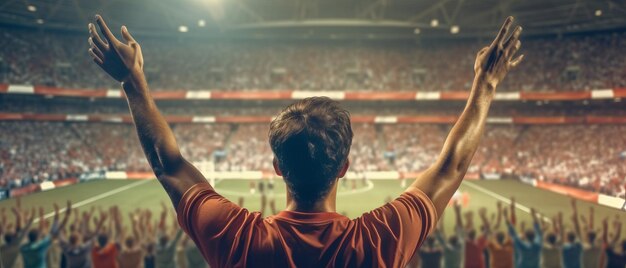 Football fan cheers hands raised