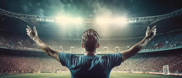 Football fan cheers with raised hands