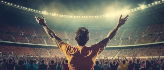 Football fan cheers with raised hands