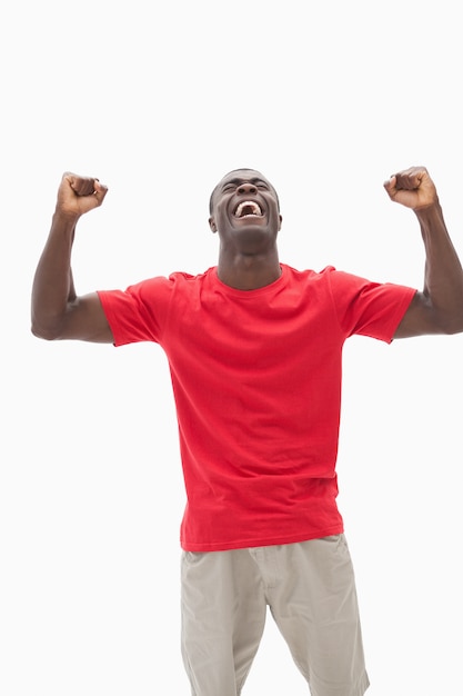 Football fan in red cheering