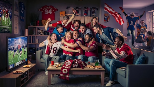 Football fans celebrating at home