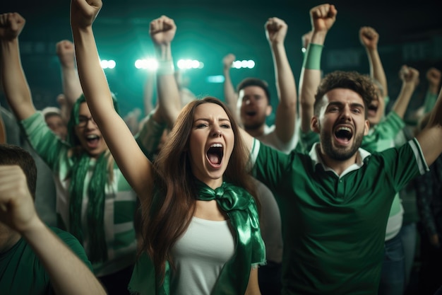 Football fans cheering and watching the game on the stands of the stadium Excited sports fans wearing green and white clothes celebrating the victory of their team AI Generated