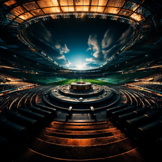 Foto podio del campo di calcio nel centro di uno stadio di calcio