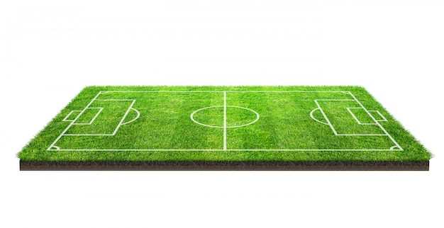 Foto campo di football americano o campo di calcio su struttura del modello dell'erba verde isolato su fondo bianco con il percorso di ritaglio. fondo dello stadio di calcio con il modello di linea.