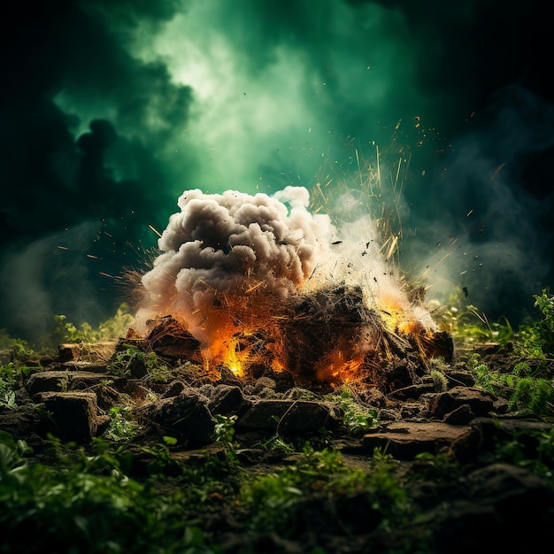 football field with green grass with many particles of green smoke from stones in the air