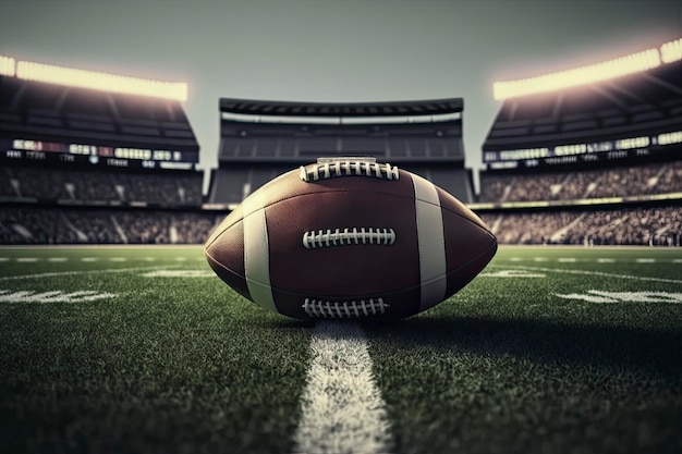 Football on a field with a stadium in the background