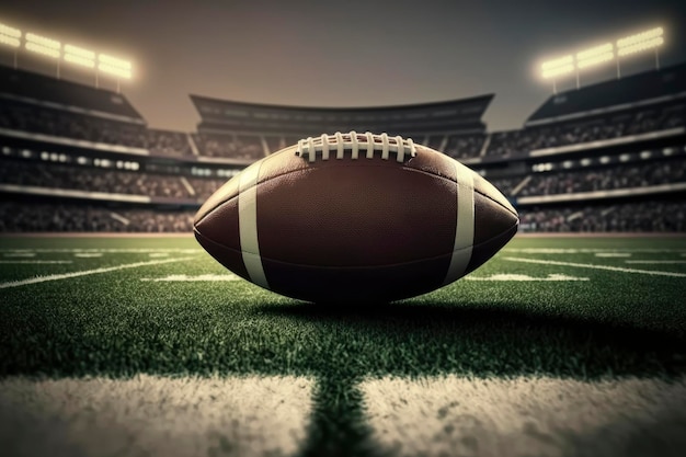 A football on a field with a stadium in the background