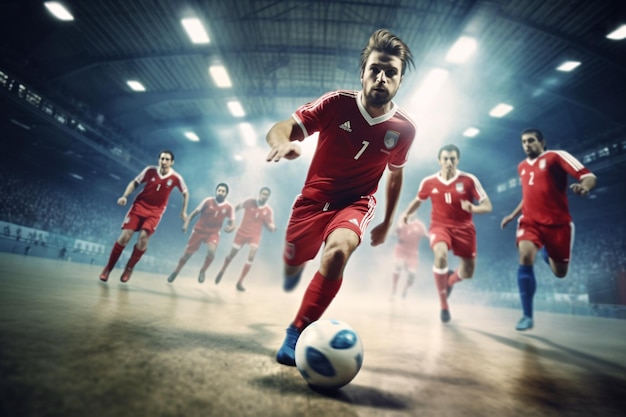 サッカー フットサル ボールと男性チーム プレーヤー屋内サッカー スポーツ ホール広告品質生成 Ai