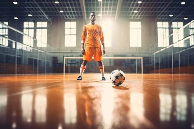 Photo football futsal player ball futsal floor sports background indoor soccer sports hall youth futsal league indoor football players and soccer ball generative ai