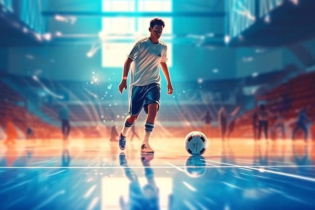 Football futsal player ball futsal floor Sports background Indoor soccer sports hall Youth futsal league Indoor football players and soccer ball Generative ai