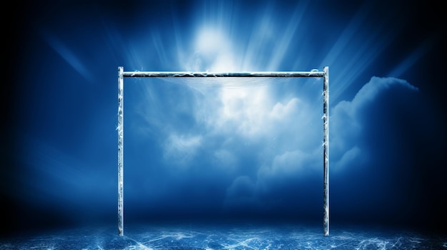 football goal on a blue background The gates are made of white metal and covered with ice The background is a blue sky with clouds and the rays of the sun breaking through them