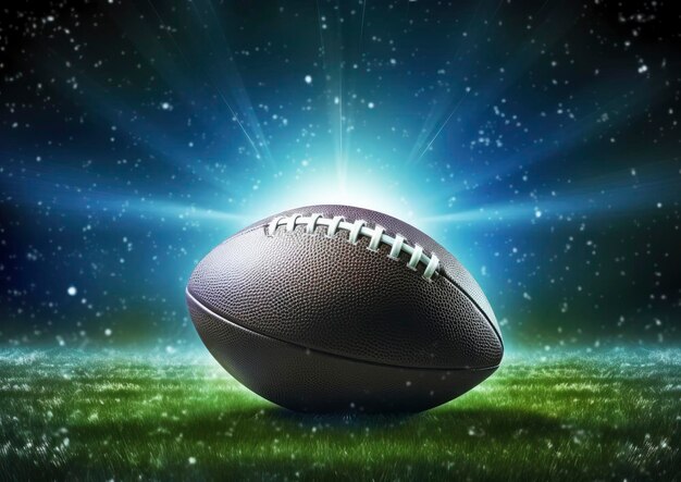 A football on a grassy field with bright lights