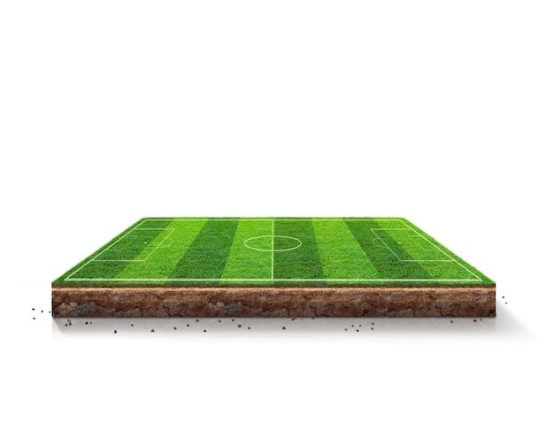 Football ground with green grass isometric piece of land with goal posts and lines 3d illustration