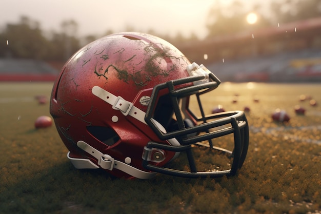 A football helmet with a chipped red paint is lying on the ground.