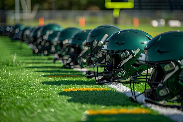 Футбольные шлемы на зеленой траве на спортивном поле готовы к игре Концепция спортивных футбольных шлемов на траве День игры