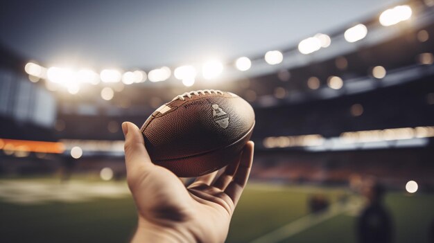 A football is held in a stadium with the word uc on it.