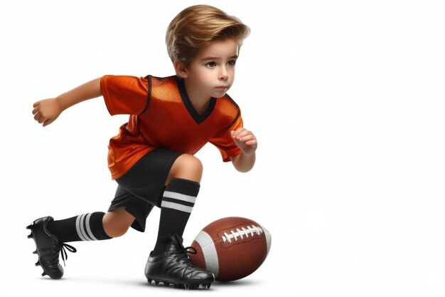 Photo football kid player practicing isolated on a white background