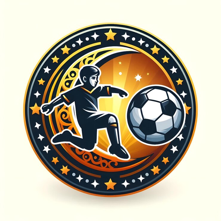 Photo フットボールのロゴ 少年が緑のフィールドでサッカーをしスキルと興奮を示しています