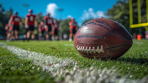 A football lying on the lawn at the line of scrimmage