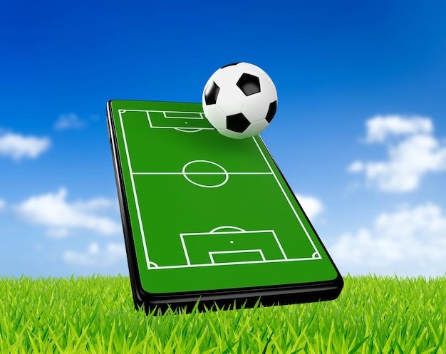 Football online application on smartphone Soccer fields screen mobile phone football news concept sport channel 3d rendering