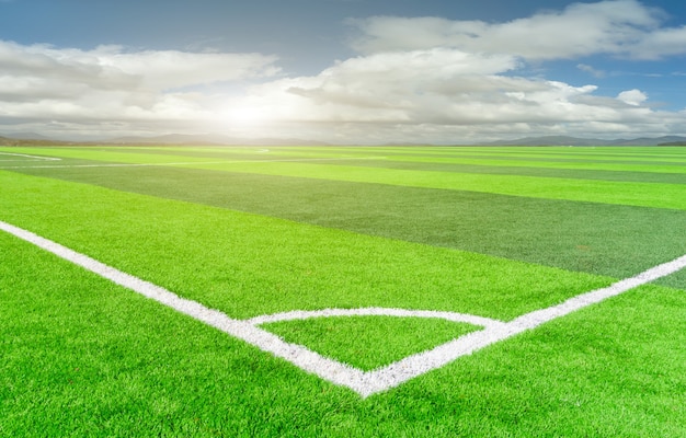 Football pitch and a cloudy sky. Green field.