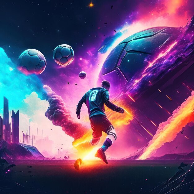 Football player in a cyberpunk scene with a galaxy background Generative AI