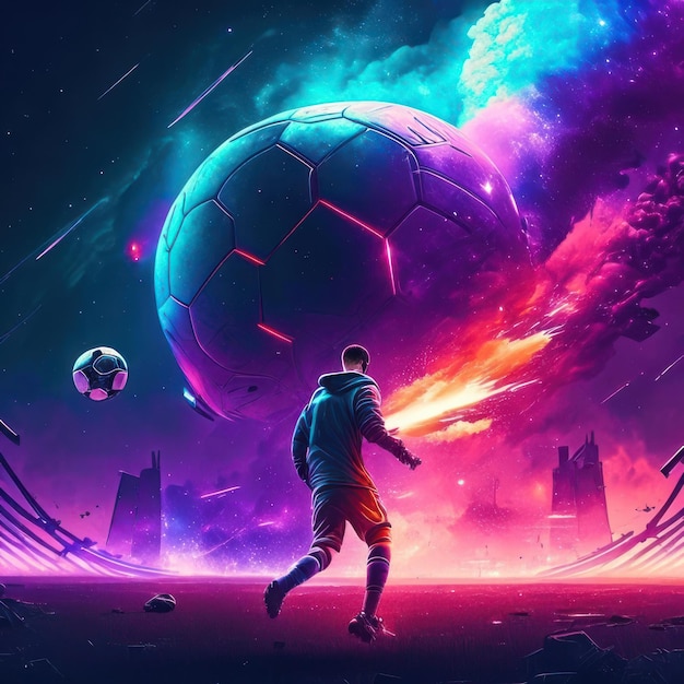 Football player in a cyberpunk scene with a galaxy background Generative AI