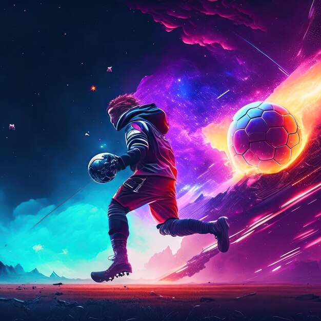 Football player in a cyberpunk scene with a galaxy background generative ai