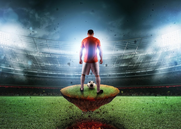 Photo football player on a fiery field ready to kick the ball