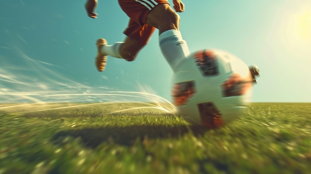 Photo a football player hits the ball playing on a football field generative ai
